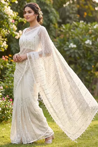 women's white net partywear saree with unstitched blouse