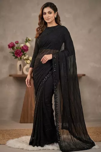Women's black gorgette partywear saree with unstitched blouse