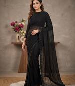 Women's black gorgette partywear saree with unstitched blouse