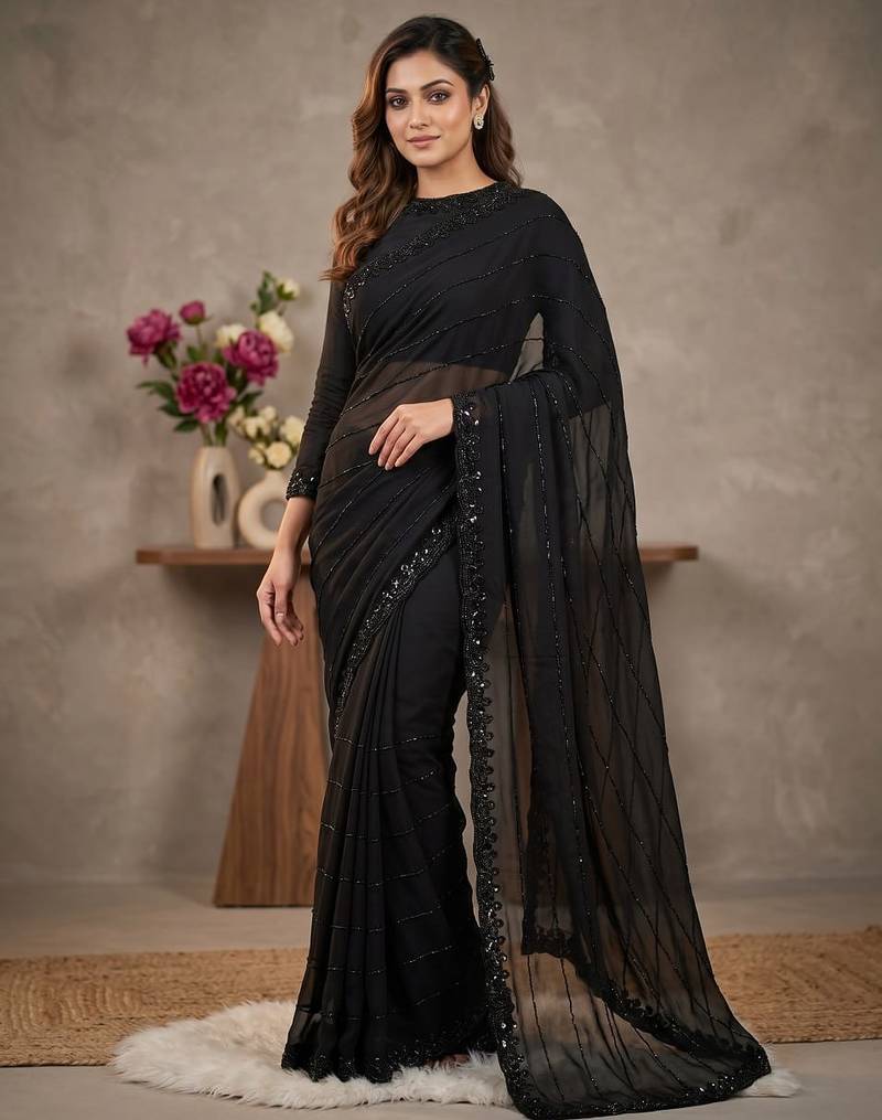 Women's black gorgette partywear saree with unstitched blouse