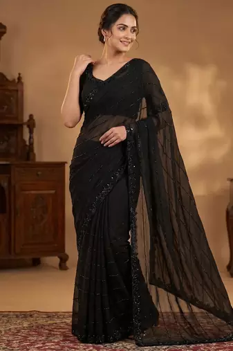 Women's black gorgette partywear saree with unstitched blouse