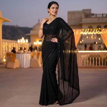 Women's black gorgette partywear saree with unstitched blouse 3