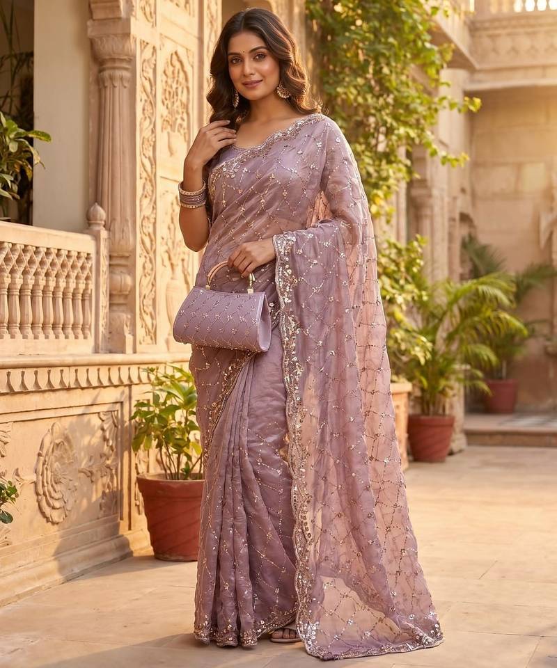 Women's lavender silk partywear saree with unstitched blouse