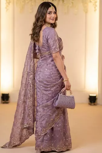 women's lavender silk blend partywear saree with unstitched blouse