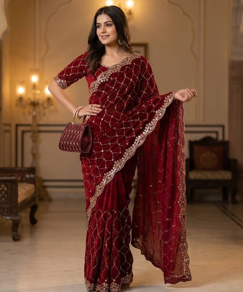 Women's maroon silk partywear saree with unstitched blouse