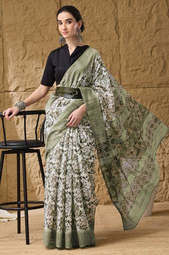 Green geometric cotton silk ethnic  ready to wear saree