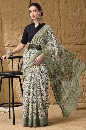 Green geometric cotton silk ethnic  ready to wear saree