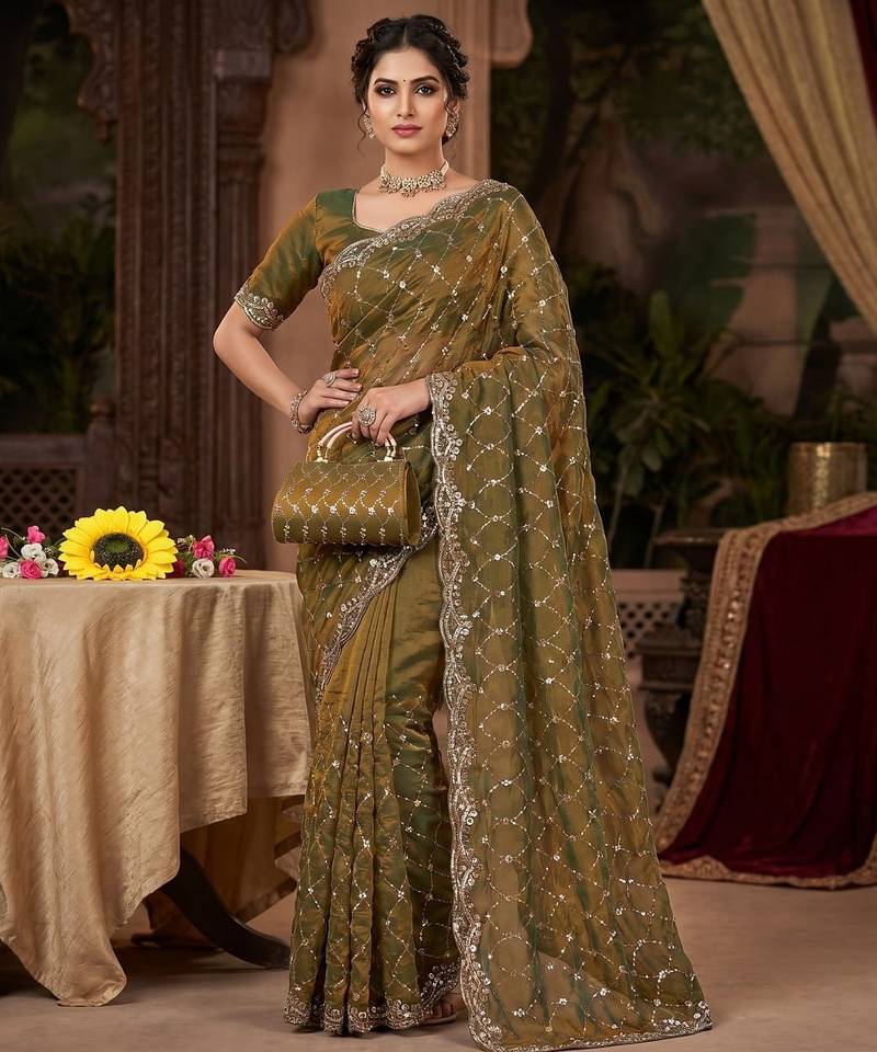Women's mehndi silk partywear saree with unstitched blouse