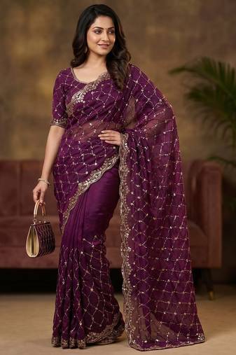 women's voilet silk blend partywear saree with unstitched blouse