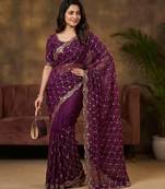 Women's voilet silk partywear saree with unstitched blouse
