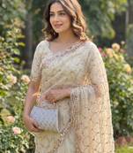 Women's white silk partywear saree with unstitched blouse