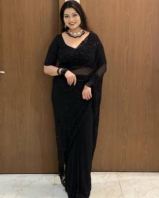 Women's black gorgette partywear saree with unstitched blouse 1
