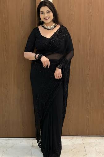 Women's black gorgette partywear saree with unstitched blouse
