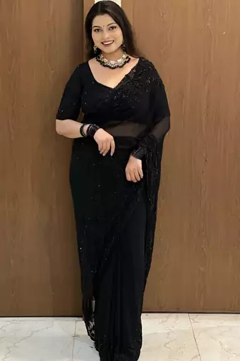 Women's black gorgette partywear saree with unstitched blouse