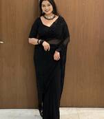 Women's black gorgette partywear saree with unstitched blouse