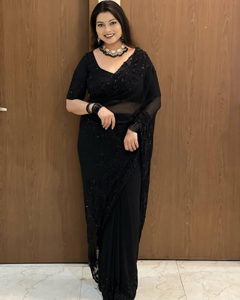 Women's black gorgette partywear saree with unstitched blouse