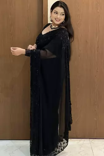 Women's black gorgette partywear saree with unstitched blouse