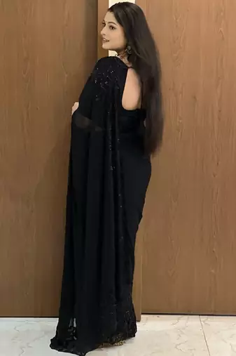 Women's black gorgette partywear saree with unstitched blouse