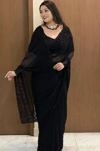 Women's black gorgette partywear saree with unstitched blouse