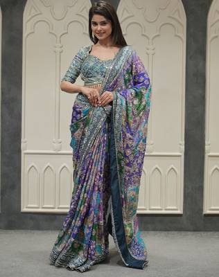 Women's multicolor chinon partywear saree with unstitched blouse 1