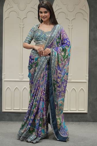 Women's multicolor chinon partywear saree with unstitched blouse