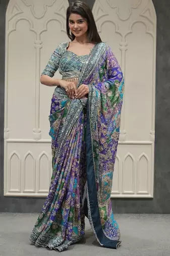 Women's multicolor chinon partywear saree with unstitched blouse
