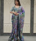 Women's multicolor chinon partywear saree with unstitched blouse