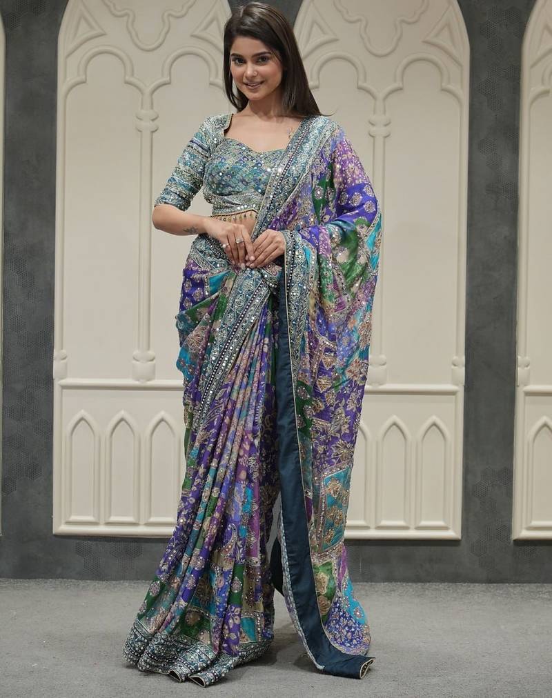 Women's multicolor chinon partywear saree with unstitched blouse