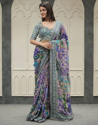 Women's multicolor chinon partywear saree with unstitched blouse 2