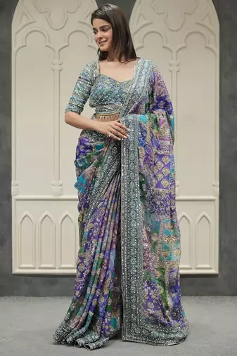Women's multicolor chinon partywear saree with unstitched blouse
