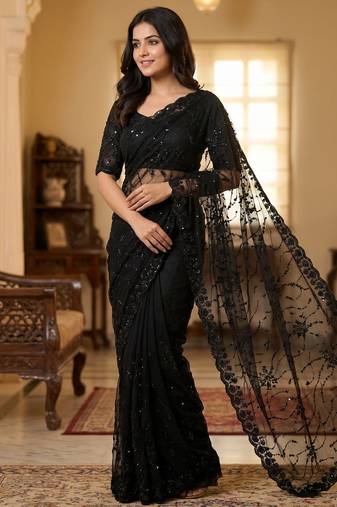 women's black net partywear saree with unstitched blouse
