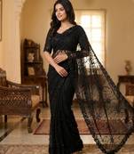 Women's black net partywear saree with unstitched blouse