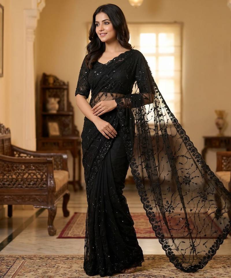 Women's black net partywear saree with unstitched blouse