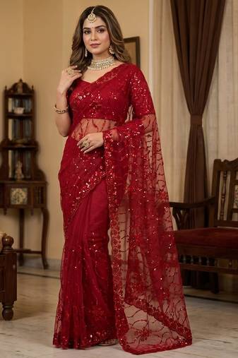 women's red net partywear saree with unstitched blouse