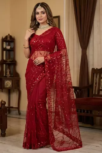 women's red net partywear saree with unstitched blouse