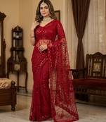Women's red net partywear saree with unstitched blouse