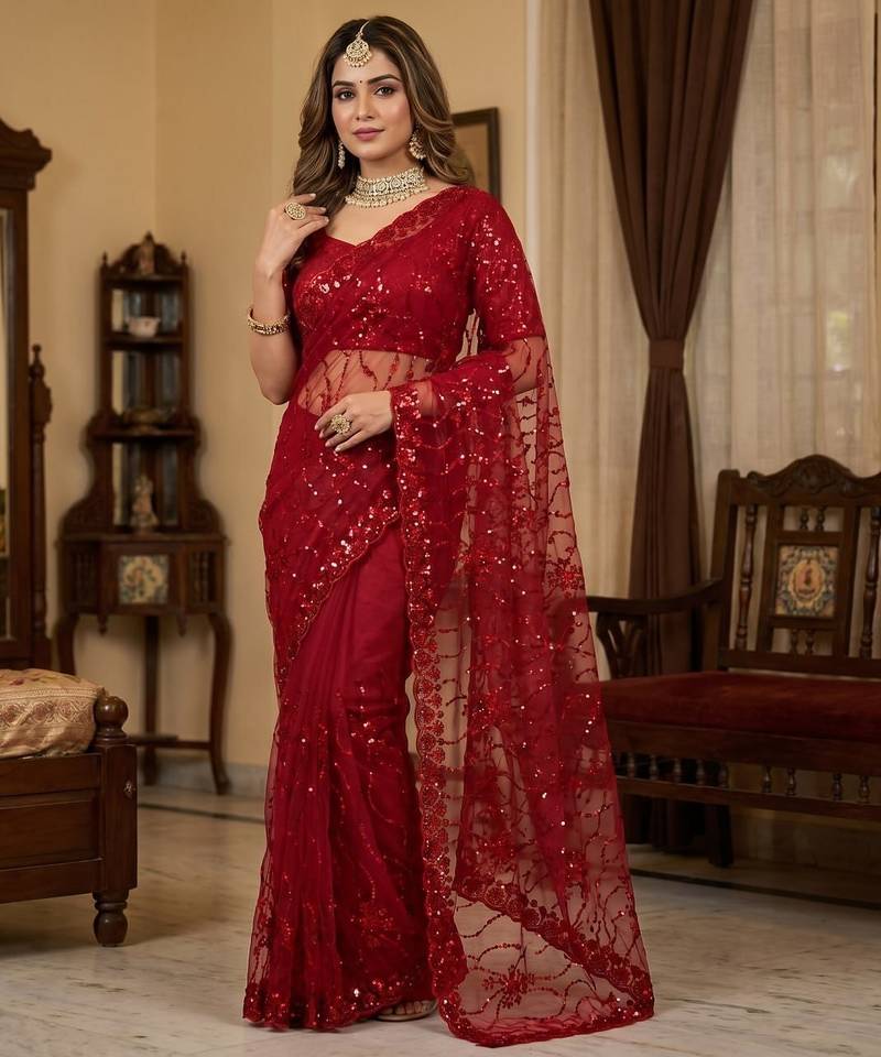 Women's red net partywear saree with unstitched blouse