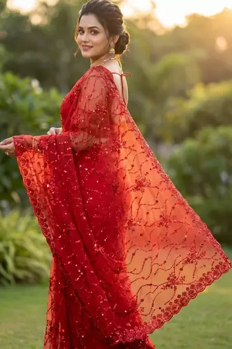 women's red net partywear saree with unstitched blouse