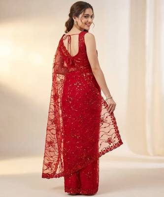 Women's red net partywear saree with unstitched blouse 3