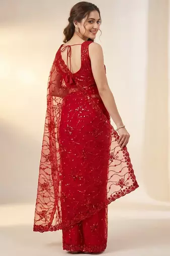 women's red net partywear saree with unstitched blouse
