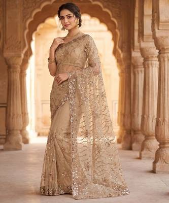 Women's rust net partywear saree with unstitched blouse 1