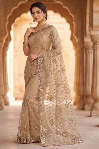 women's rust net partywear saree with unstitched blouse