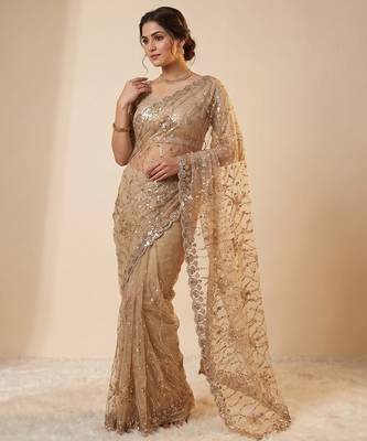 Women's rust net partywear saree with unstitched blouse 2
