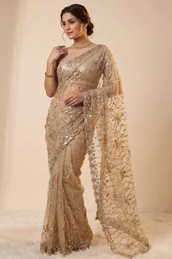 women's rust net partywear saree with unstitched blouse