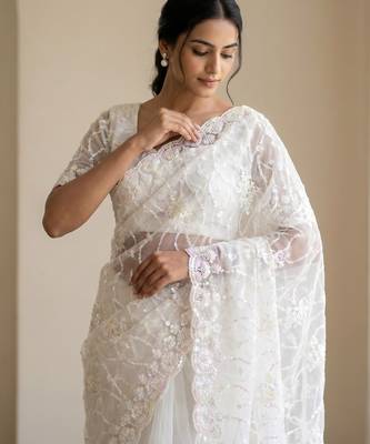 Women's white net partywear saree with unstitched blouse 1