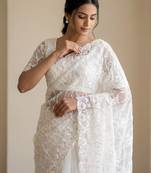 Women's white net partywear saree with unstitched blouse