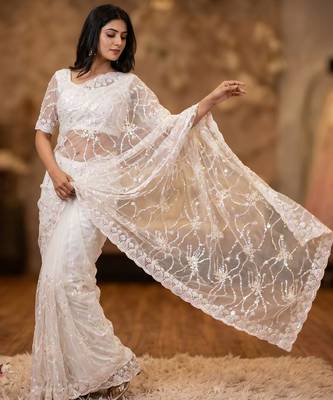 Women's white net partywear saree with unstitched blouse 2