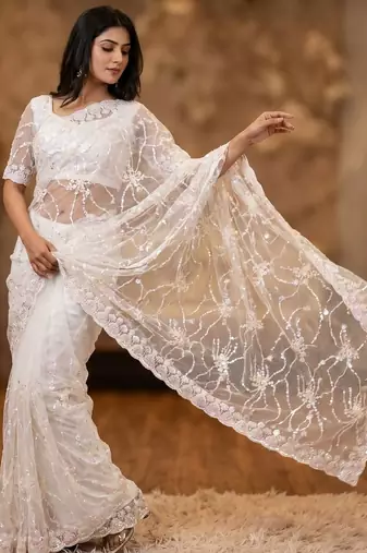 women's white net partywear saree with unstitched blouse