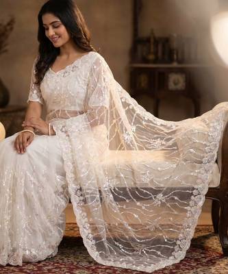 Women's white net partywear saree with unstitched blouse 3