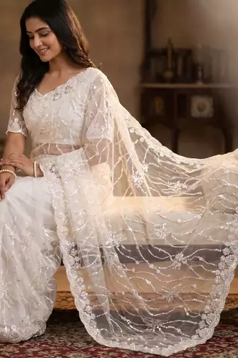 women's white net partywear saree with unstitched blouse